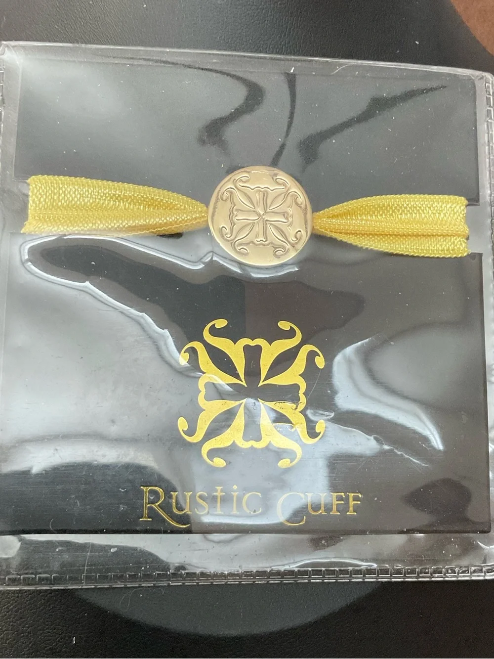Rustic Cuff Yellow Elastic Hair Tie or Bracelet with Gold Medallion NEW 2543